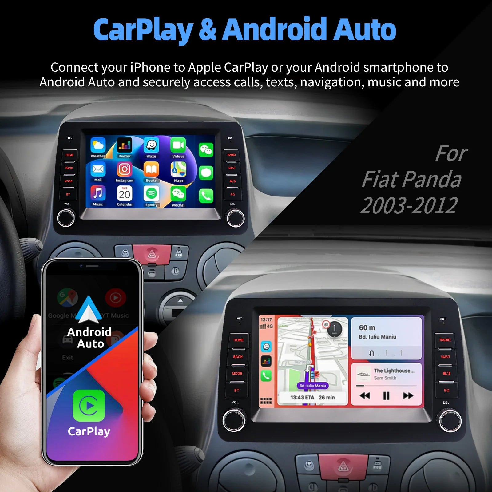 ESSGOO Android 14 Car Radio Carplay For Fiat Panda 2003-2012 GPS Navigation MP5 Player Bluetooth Car Stereo HD Touchscreen - QUORE