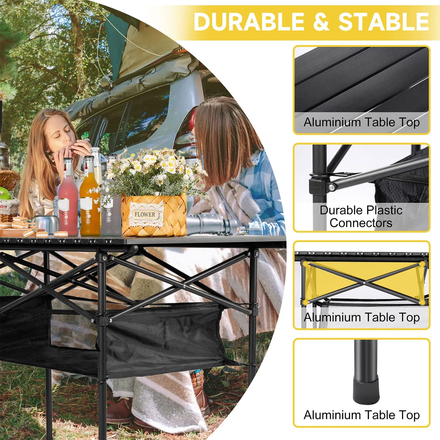 Klaptafel - Camping - Tuint - Feest - Picknick - Barbecue - Opvouwbare - Inklapbare - Draagbaar - Bureau -Lichtgewicht - Belastbaar tot 150KG - Met Netzak - Zwart
