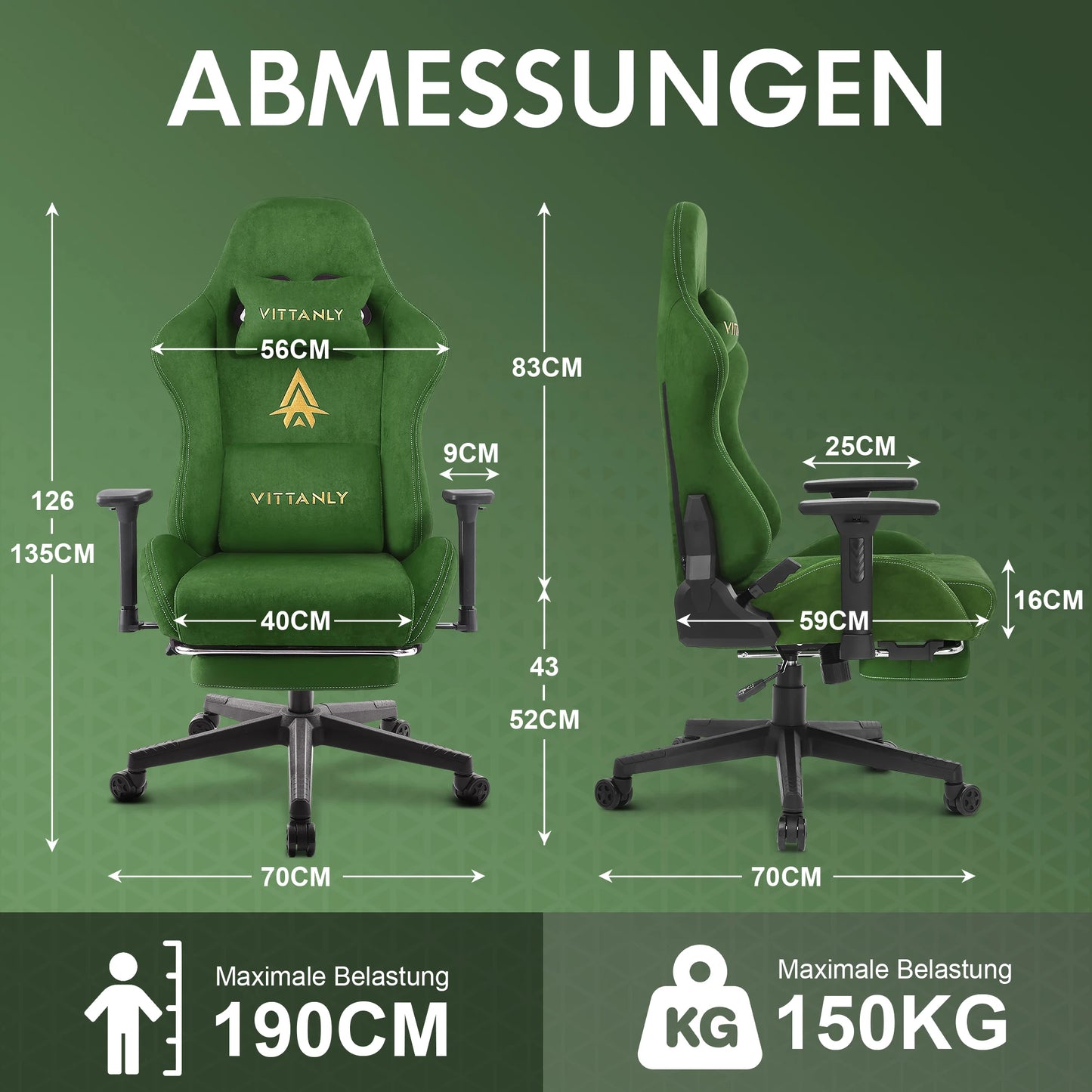 Ergonomische Gamingstoel – Bureaustoel – Gamestoel – Computerstoel – Kantoorstoel – Massagefunctie – Verstelbare Voetensteun – Hoogwaardig Suède Leer – Groen