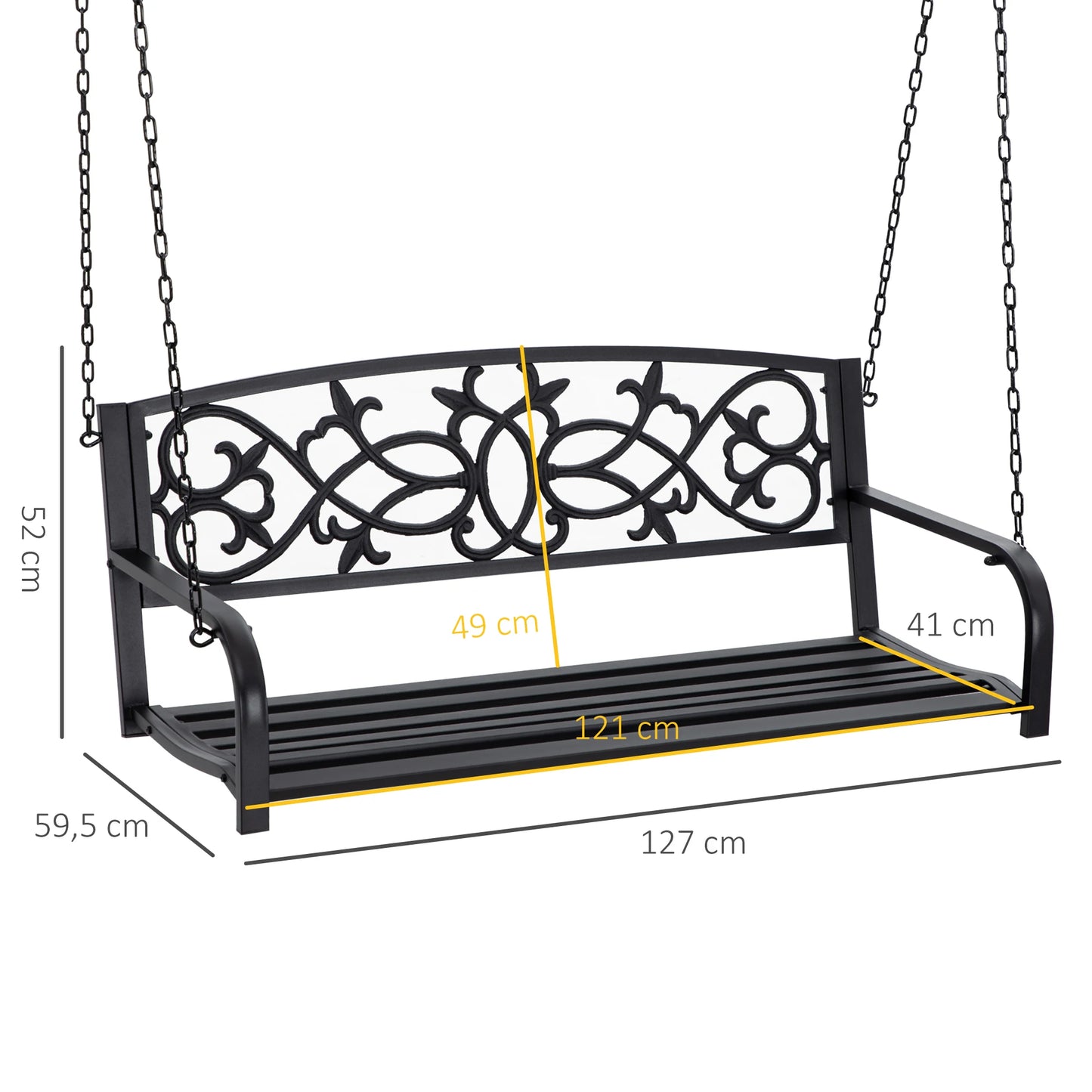 Tuin Bank - Tuinbank Hout - Tuinbanken - Garden Furniture - Stalen 2-Persoons Schommelbank met Armleuningen - 127x59,5x52 cm - Zwart - QUORE