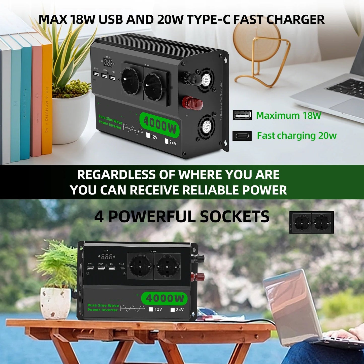 Omvormer – DC Naar AC Converter – 4000W - 12V Naar 220V Omvormer – Spanningsomzetter – Compact – Stabiele 220V Output – 50Hz Frequentie - 24V