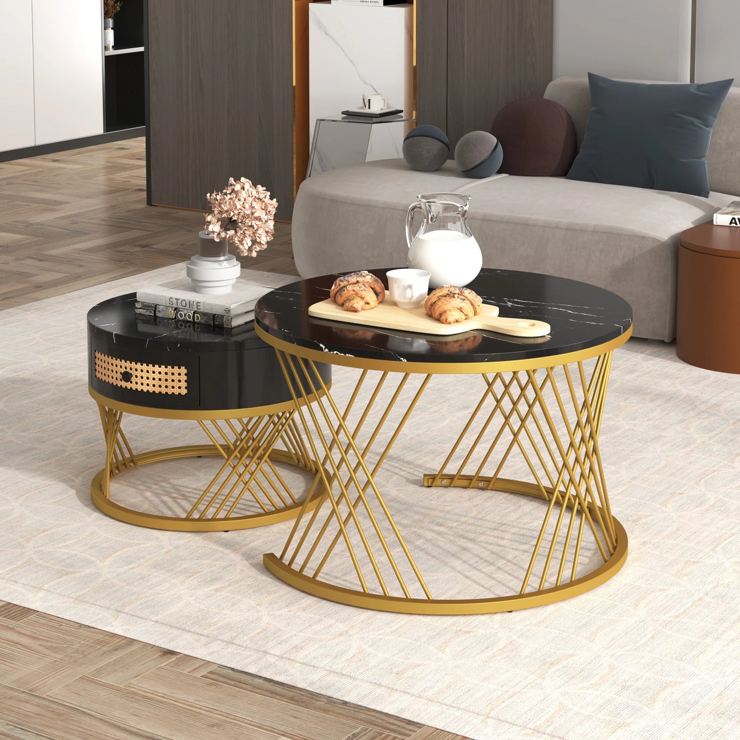 Salontafel – Bijzettafel – Opbergtafel – Woonkamertafel – Compact – Marmerlook Blad – Opberglade - Zwart