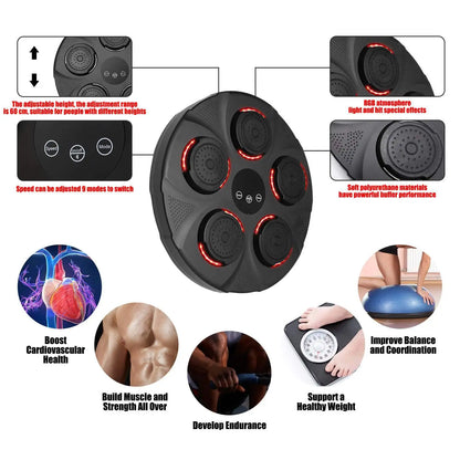 Music Boxing Machine - Music Boxing Machine voor de Muur - Gemonteerde Boks Trainer met Bluetooth & 2 Paar Handschoenen - Reactie-en Snelheidstraining voor Kinderen & Volwassenen - Zwart