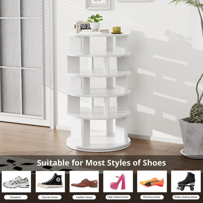 Draaibare Schoenenkast – Schoenenrek – Schoenendisplay – Schoenopberger – Organizer – 360° Draaibaar – Vijf Vakken – Stevig Hout - 60 x 60 91 cm - Wit