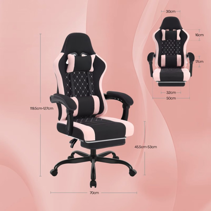 Gaming Stoel - Massage Gaming Stoel - Bureaustoel - Swivel Stoel - met Voetsteun - Hoofdsteun - Verstelbare - Rugleuning - Lendenkussen - Ergonomische - Draaibare - 70 x 70 x 127 cm - Zwart & Roze