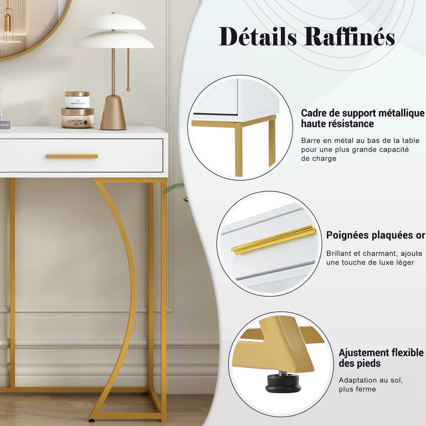 Console table, hallway table with 2 drawers, light luxury style side table, sofa table, 120 x 38 x 76 cm, white/gold