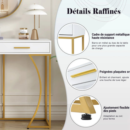 Console table, hallway table with 2 drawers, light luxury style side table, sofa table, 120 x 38 x 76 cm, white/gold