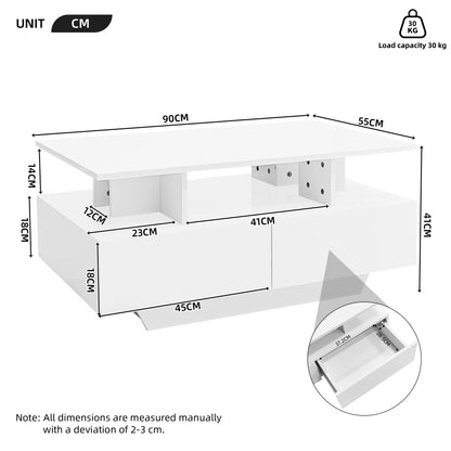 Salontafel – Koffietafel – Theetafel – Tafeltje – Bijzettafel – Zwart – Hoogglans Afwerking – Geïntegreerde LED-Verlichting – 2 Ruime Lades – Afmeting 90x55x41 cm – Draagvermogen 30 kg