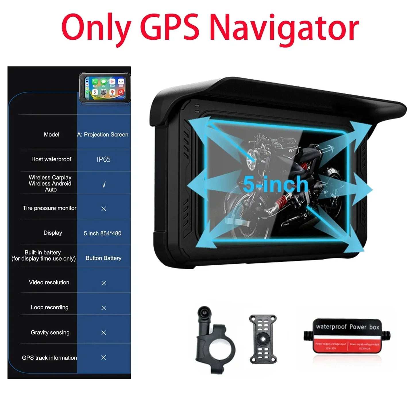 5 Inch Motorcycle GPS Navigation Wireless Carplay Android Auto Player Tire Pressure Detector Dual Cameras Recorder GPS Tracking