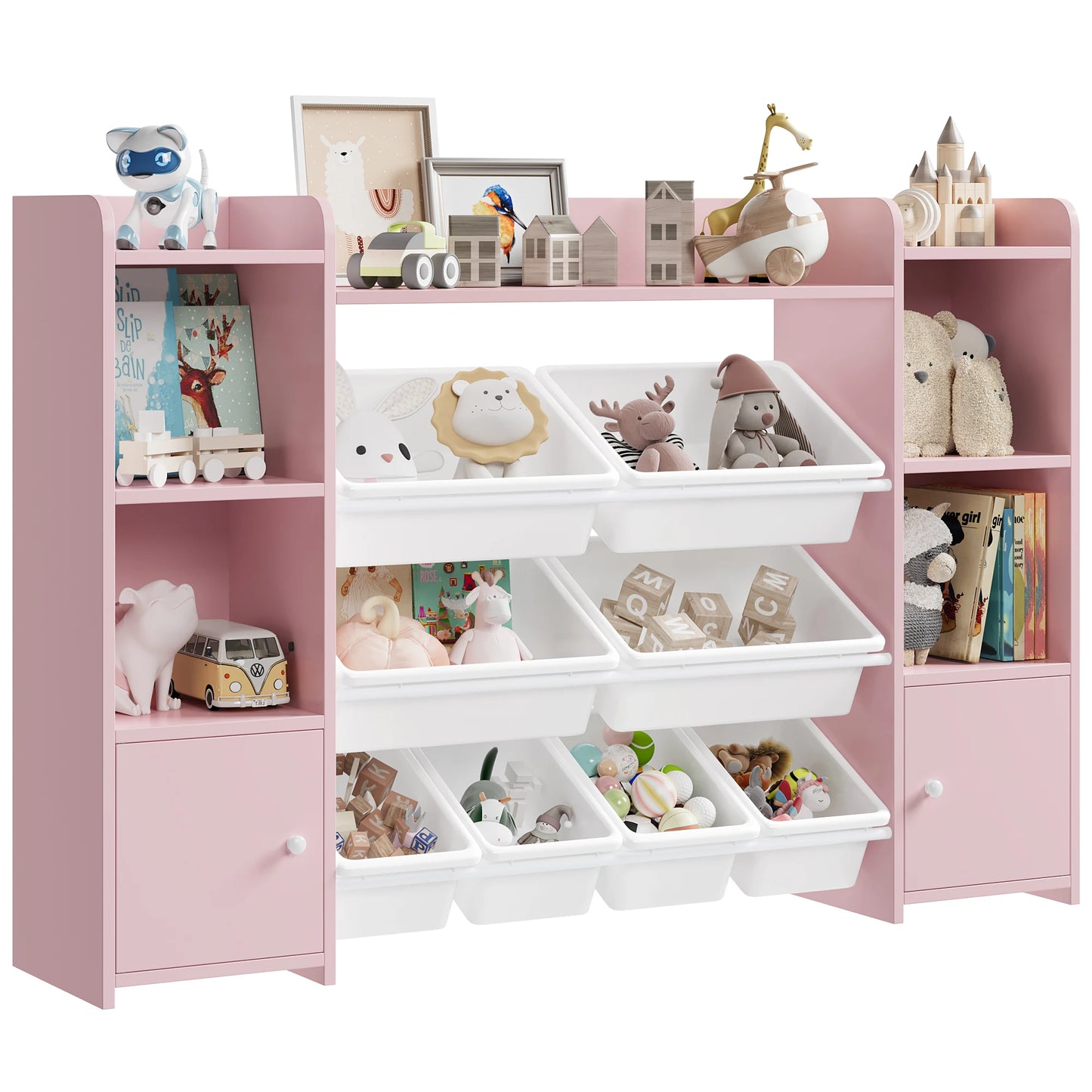 Speelgoedopberger – Speelgoedkast – Opbergkast Kind – Kinderboekenkast – Kindermeubel Roze – 8 Uitneembare Boxen – Duurzaam Houten Ontwerp 138x29x94 cm