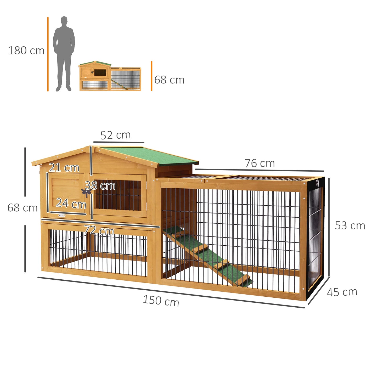Tweelaagse Houten Ren – Buitenhok – Knaagdierverblijf – Dierenren – Buitenren – Waterbestendig Hout – Royaal Bewegingsvrijheid - 150 x 52 x 68 cm - Natuurlijk Hout