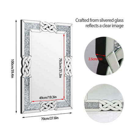 Wandspiegel – Muurspiegel – Rechthoekige Spiegel – Grote Spiegel – Crushed Diamond Inlay – Zilverglas Reflectie – Flexibele Ophanging - 100x70cm - QUORE