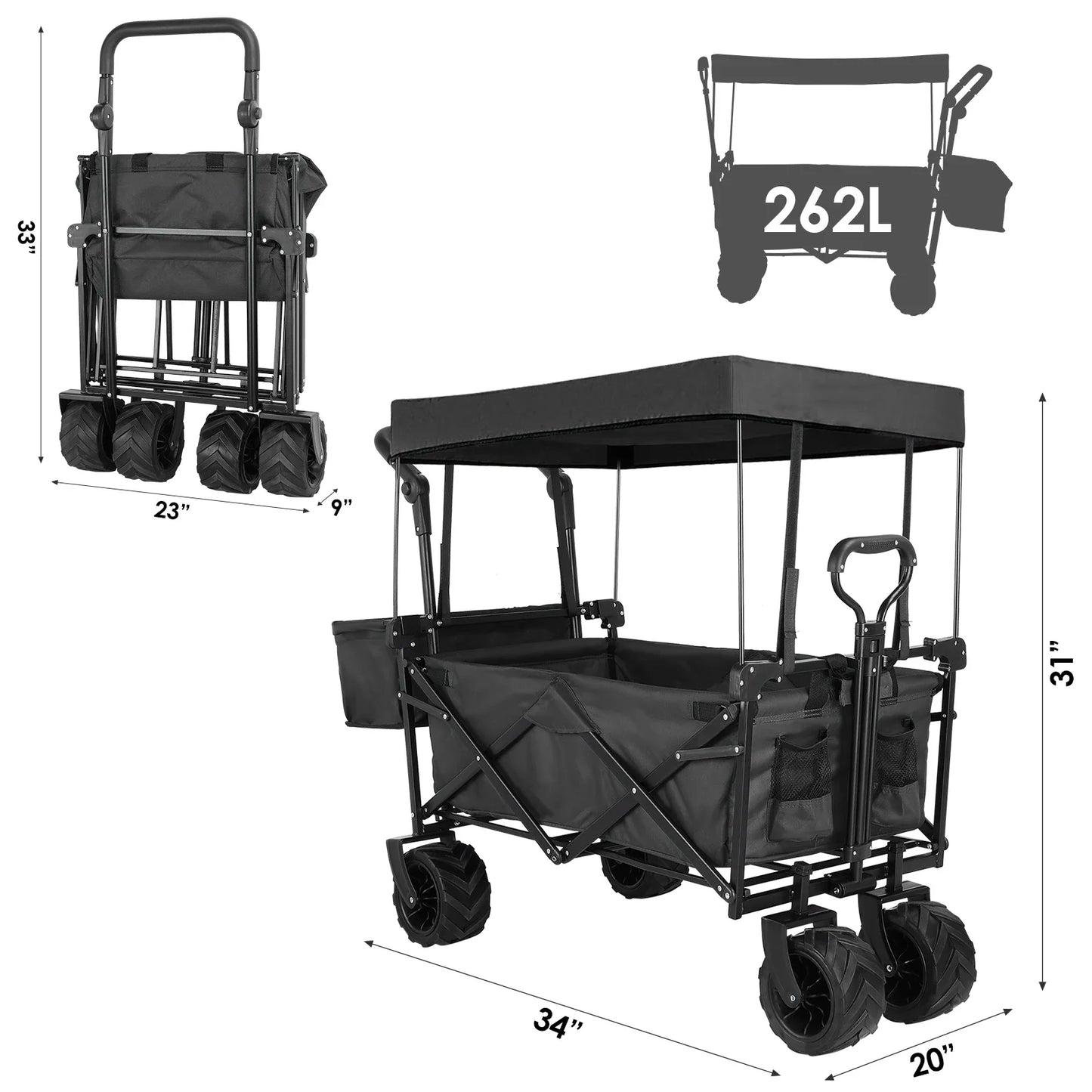 Bolderkar - Bolderwagen - Opvouwbare - met Afneembare Luifel - Tuinkar - Tuinwagen - Tuintrolley voor Strand, Camping of Caravan - Laadvermogen 75kg - 262L - Zwart