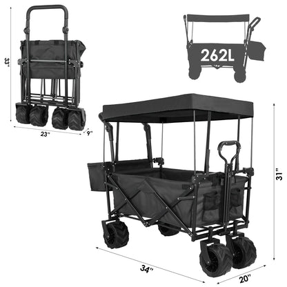 Bolderkar - Bolderwagen - Opvouwbare - met Afneembare Luifel - Tuinkar - Tuinwagen - Tuintrolley voor Strand, Camping of Caravan - Laadvermogen 75kg - 262L - Zwart