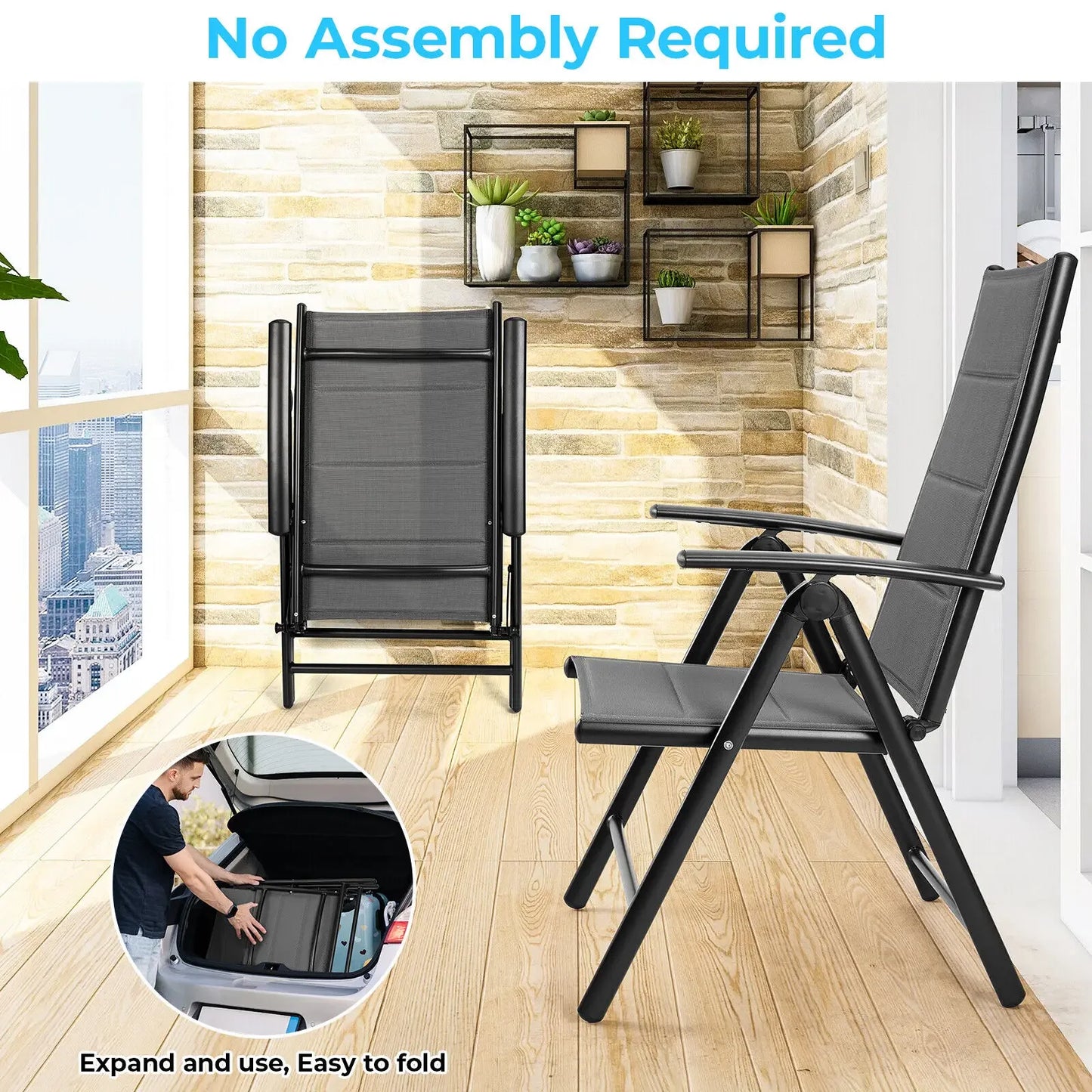 Tuinstoelen – Klapstoelen – Balkonstoelen – Terrasstoelen – Tuinmeubelen – Teakhouten Armleuning – Verstelbare Rugleuning - Grijs - QUORE