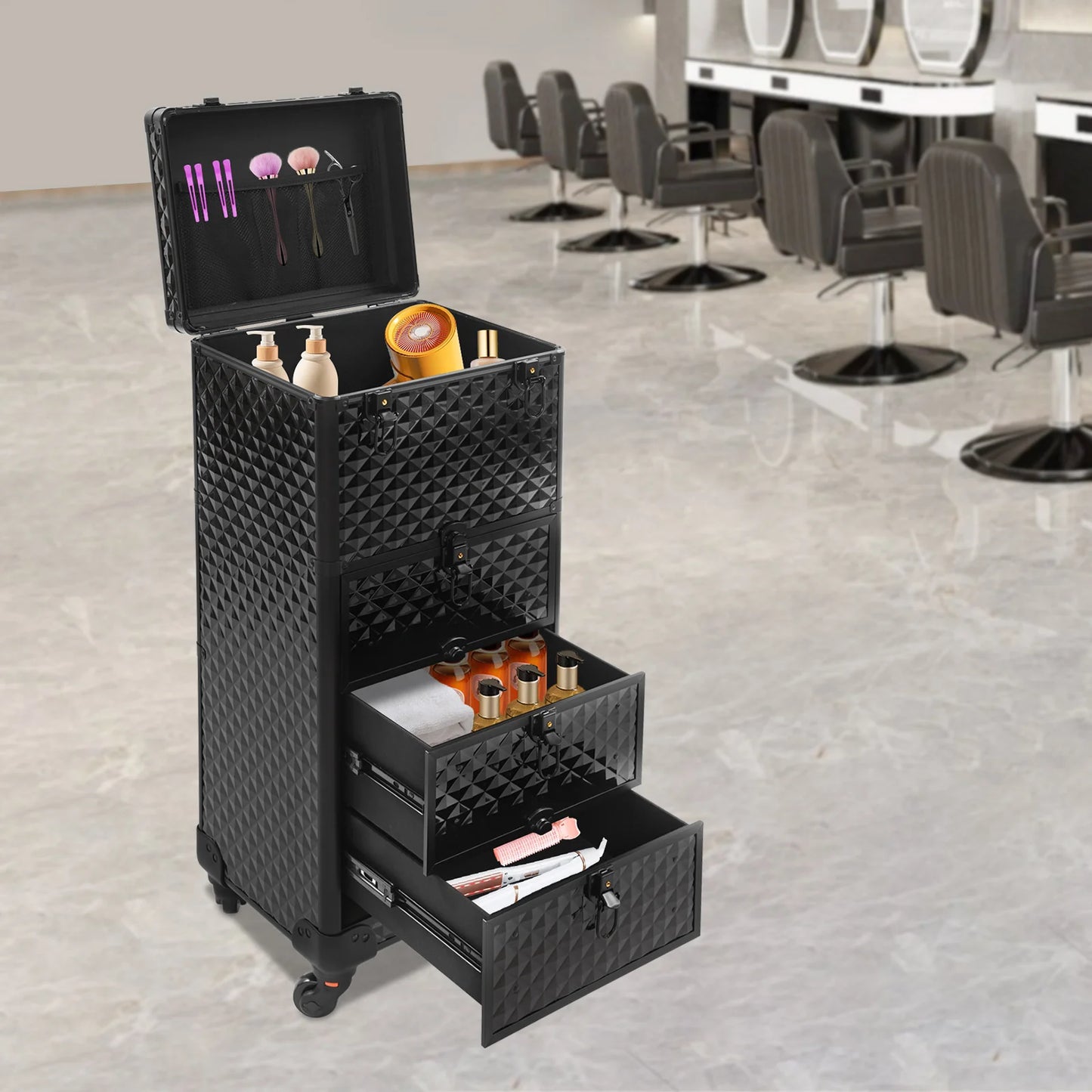 Salon Trolley – Make-up Koffer – Opbergwagen – Cosmetica Organizer – Beauty Cart – Zwart – Duurzaam Aluminium – 3 Laden Met Slot