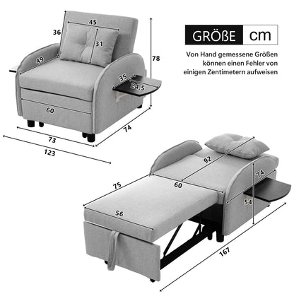 Slaapbank - Slaapstoel - Logeerbed - Klapstoel - Opvouwbare Eenpersoonsbank - Met Bedfunctie - Drievoudig Verstelbare - Opklapbaar - 123 x 74-167 x 78 cm - Grijs