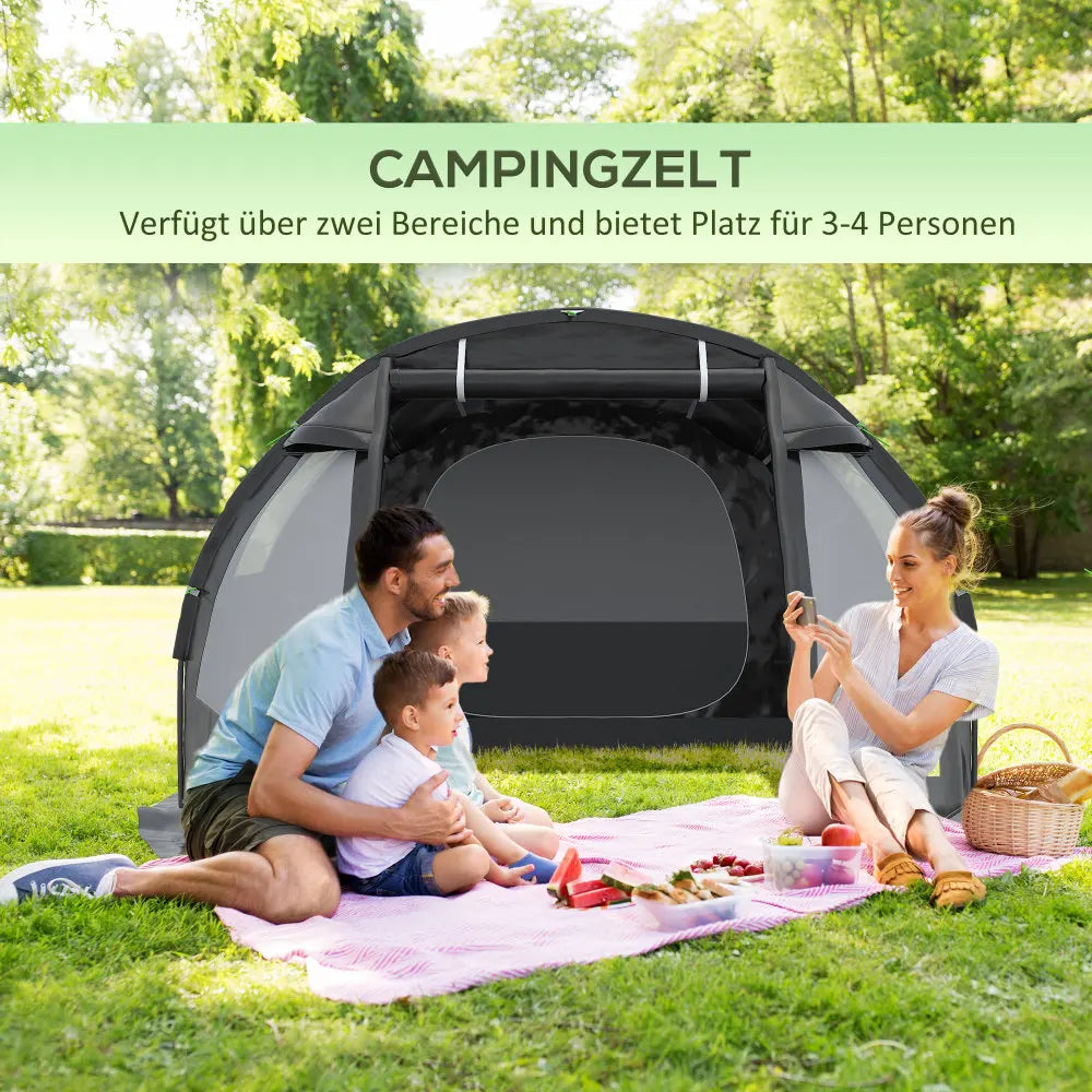 Tunneltent – Campingtent - 4-Persoons Tent – Kampeertent – Gezinstent – Waterdicht – 2 Gescheiden Ruimtes – Glasvezelstokken - 475 x 264 x 172 cm - Zwart