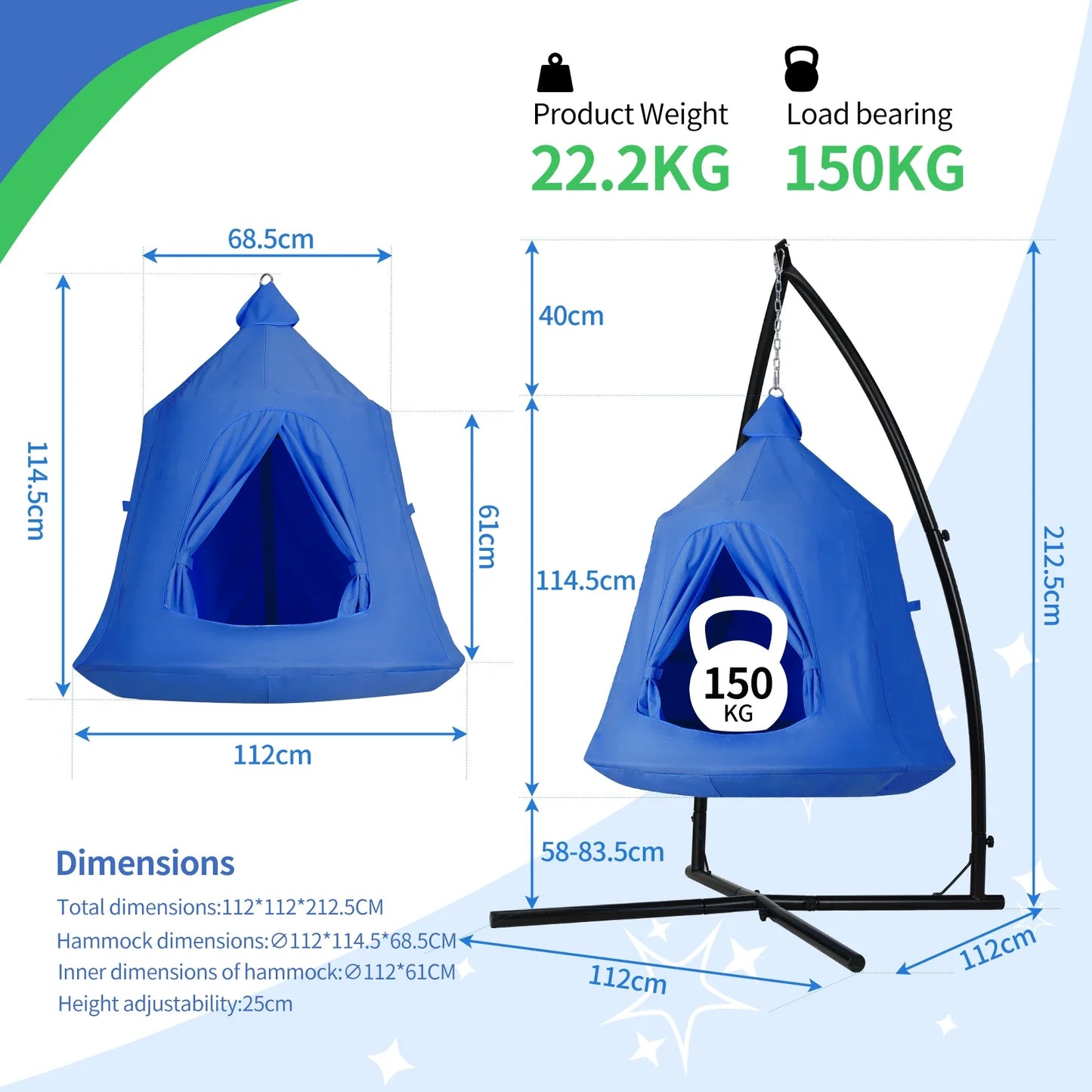 Comfortabele Hangstoel Met Standaard – Hangstoelstoel – Schommelstoel – Kinderstoel – Tuinstoel – Duurzaam Gepoedercoat Stalen Frame – Inclusief LED-Verlichting - QUORE