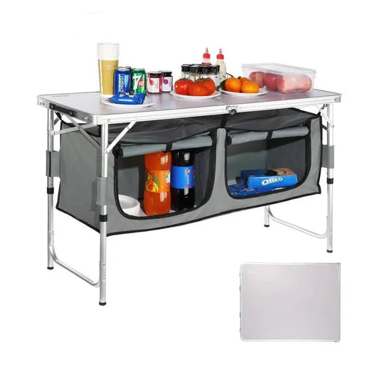 Picknicktafel - Picknicktafel Inklapbaar - Met Keuken Campingkastjes – Aluminium Koffer Tafel - Opbergtas - Verstelbare Hoogte voor Buiten en Tuin - 120x47x70cm - Zilver
