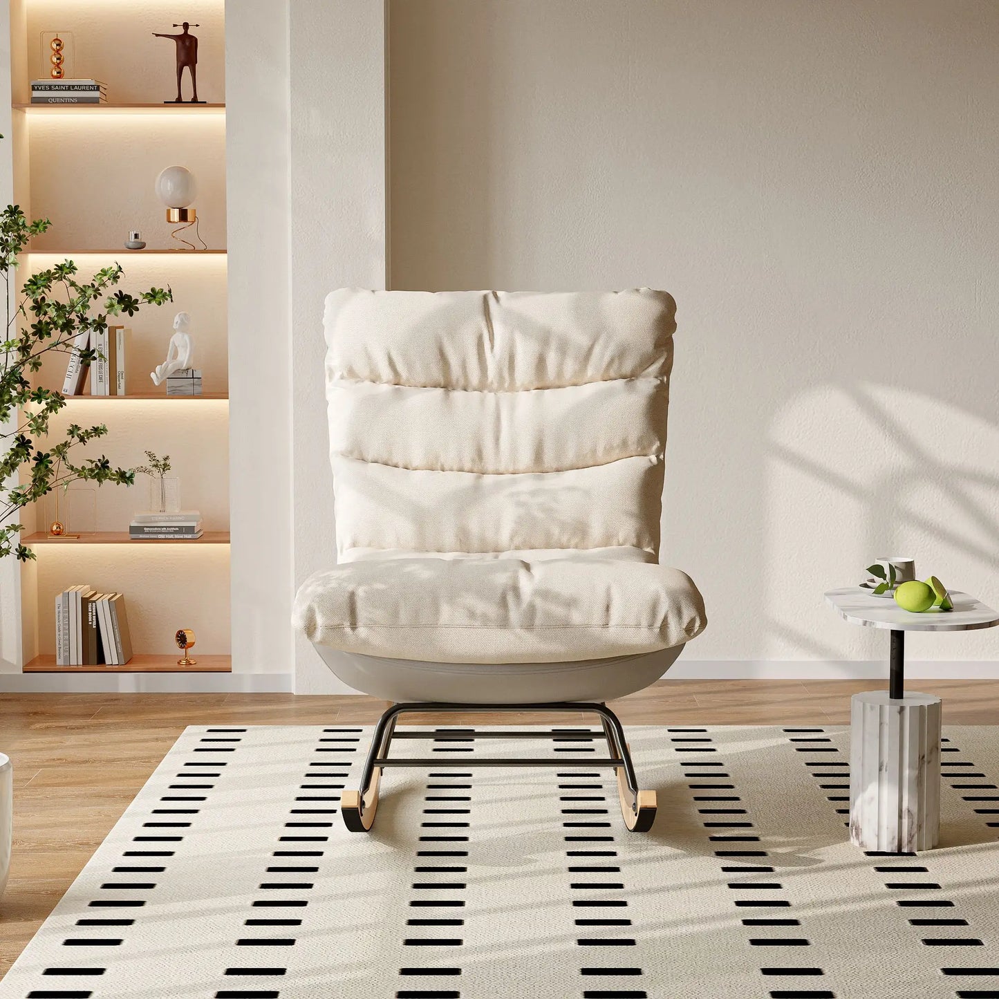 Schommelstoel – Relaxstoel – Leesstoel – Zitstoel – Ruststoel – Ergonomische Rugleuning – Antislip Padden - 83 x 72 x 93 cm - Witte Rijst