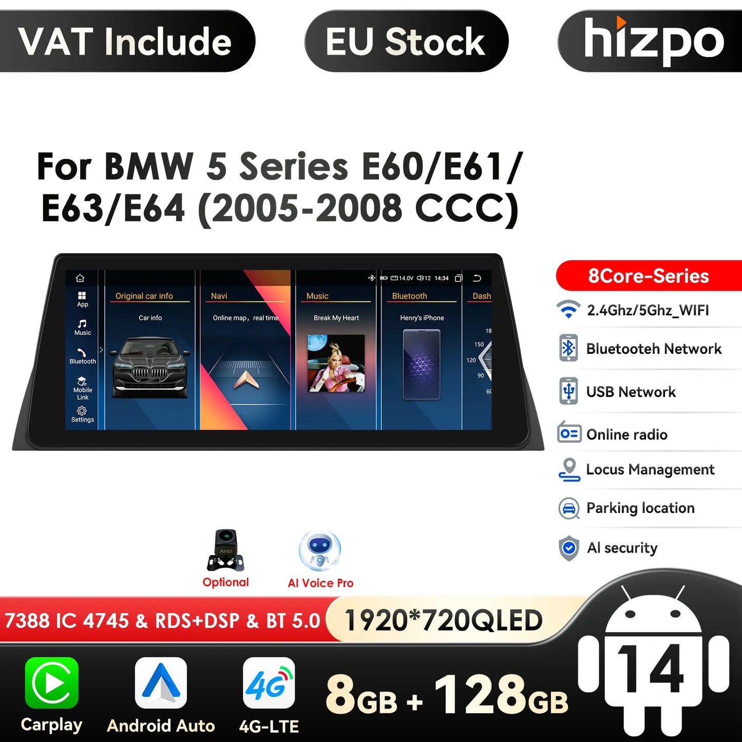 2din Android Car Radio Multimedia Video Player for BMW 5Series E60 E61 E63 E64 3Series E90 E91 E92 E93 Stereo GPS Carplay 4G RDS