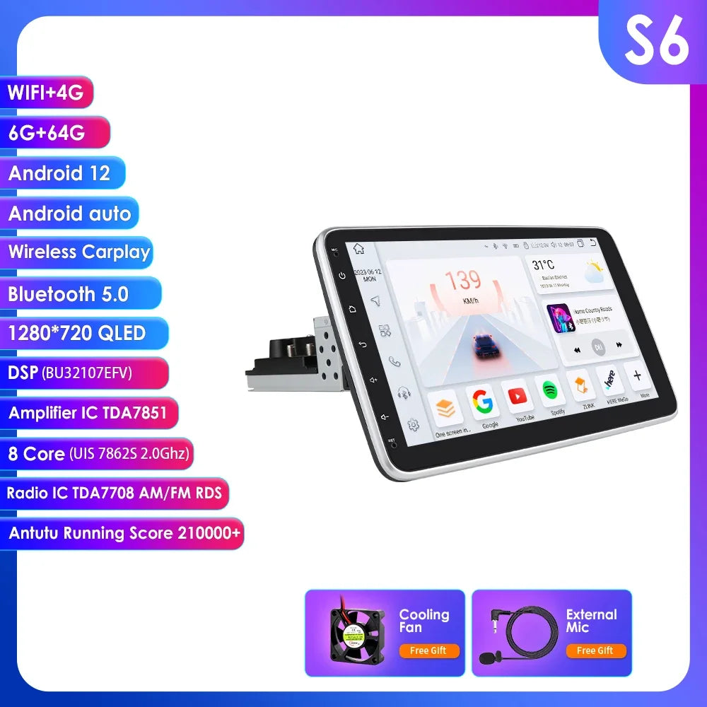 Auto Multimedia Speler - 10.33inch - S6 - 6GB - 64GB - Carplay Scherm - Touchscreen - Navigatiesysteem Auto - Universeel - Multimedia Autoradio - QUORE
