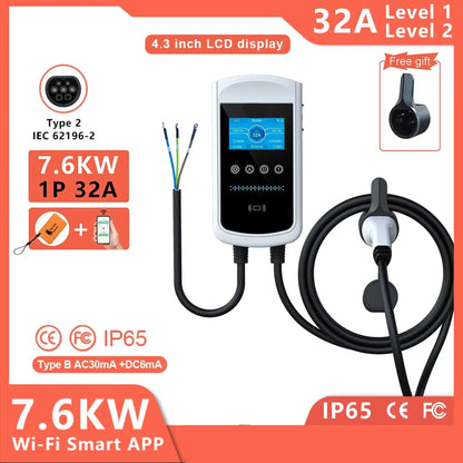 Laadpaal – Elektrische Oplaadstation – EV Lader – Thuislader – Slim Laden – IP65 Waterdicht - 7.6KW - 32A - 1 phase - Type 2 - QUORE