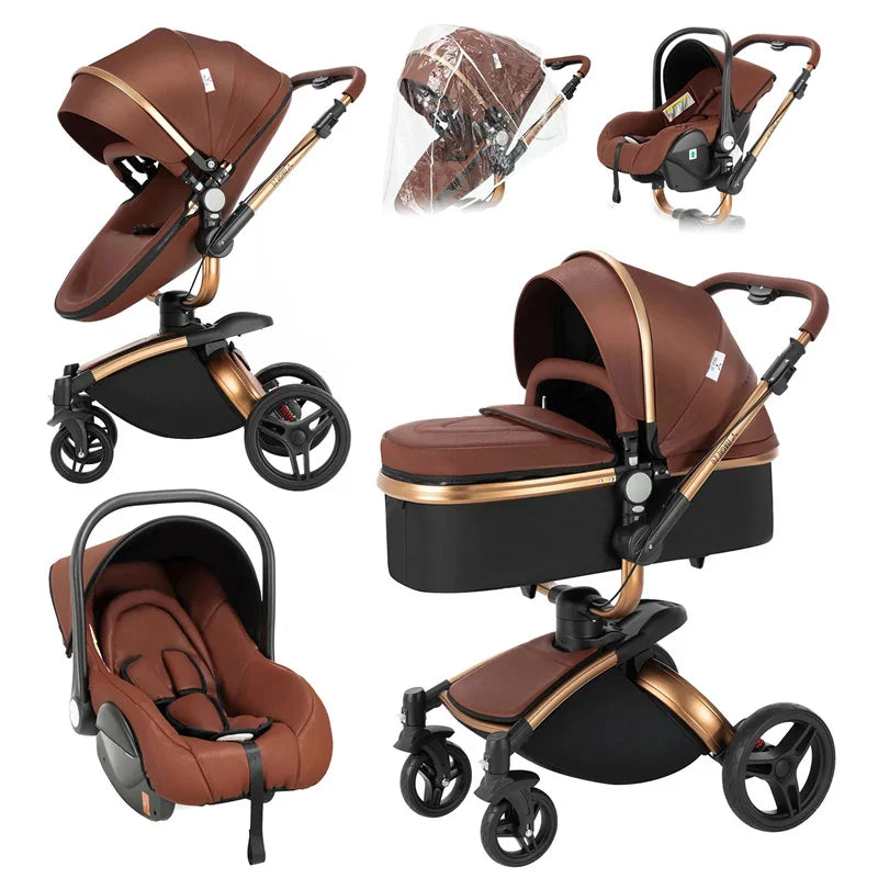 Kinderwagen - 3-in-1 Baby Stroller - Wandelwagen - Buggy - Opvouwbaar & Compact – Multifunctioneel – Inclusief Autostoel - PU Leren Bekleding - Oranje