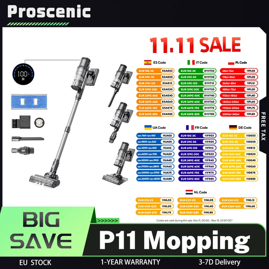 Proscenic P11 Mopping Cordless Vacuum Cleaner, 5-Stage Filtration System, 2000mAh Battery, 35Kpa Suction, 0.65L Dustbin, LED