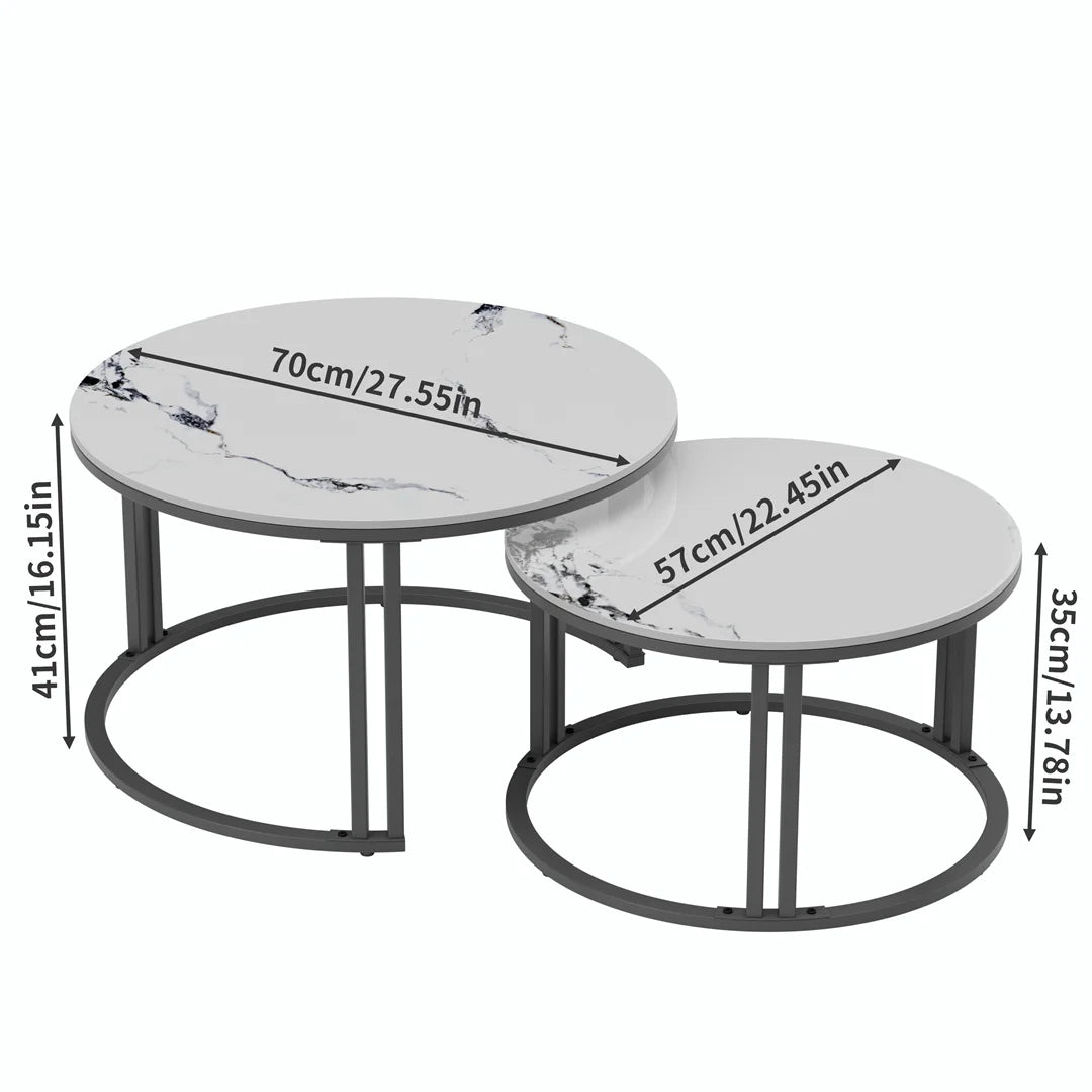 Ronde Salontafel Set – Woonkamer Tafel – Nesting Tafels – Bijzettafels – Koffietafels – Aluminium Frame – Gesinterd Steenblad Jadewit – Ruimtebesparend Design