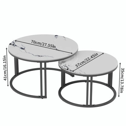 Ronde Salontafel Set – Woonkamer Tafel – Nesting Tafels – Bijzettafels – Koffietafels – Aluminium Frame – Gesinterd Steenblad Jadewit – Ruimtebesparend Design
