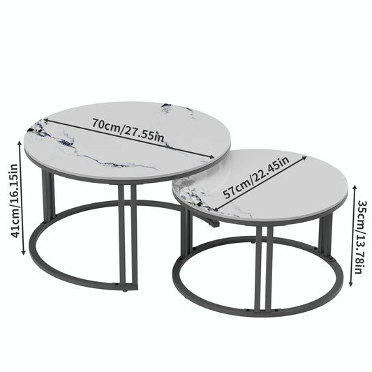 Ronde Salontafel Set – Woonkamer Tafel – Nesting Tafels – Bijzettafels – Koffietafels – Aluminium Frame – Gesinterd Steenblad Jadewit – Ruimtebesparend Design