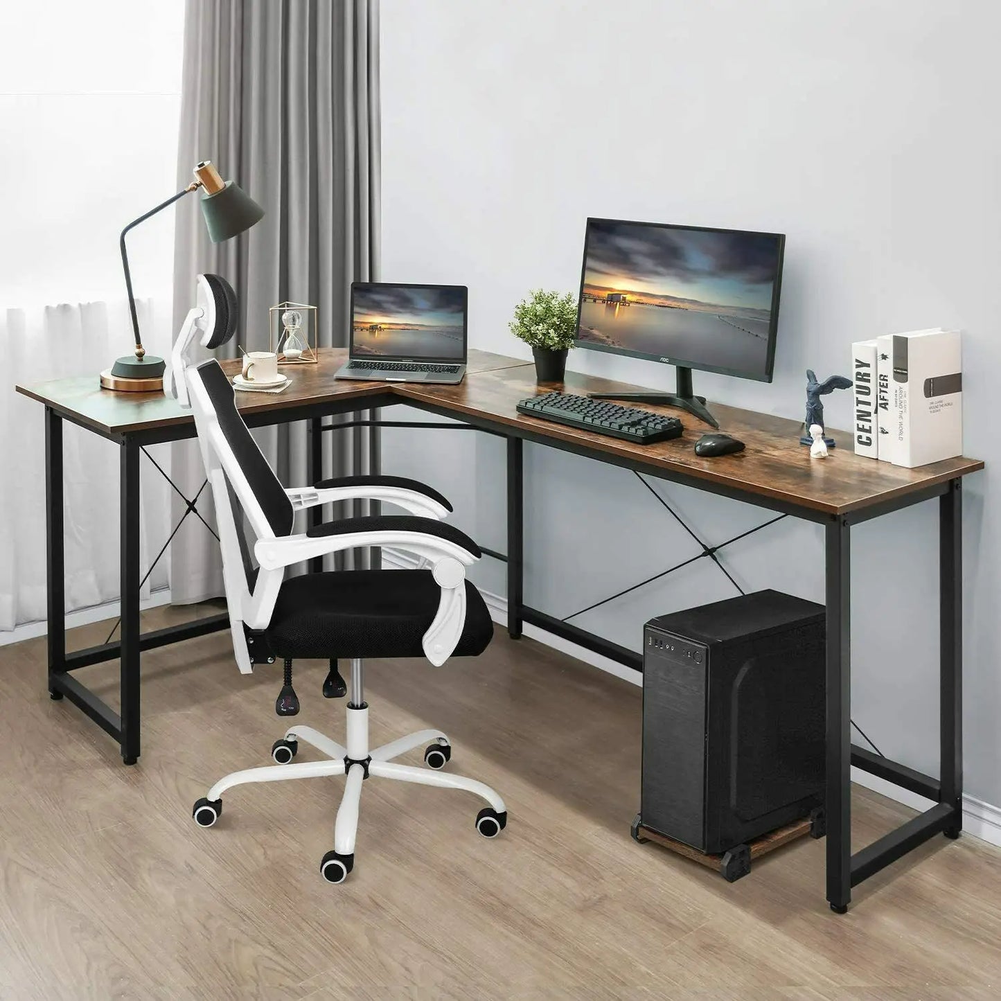 L-vormig Bureau – Hoekbureau – Computertafel – Werkplek Bureau – Gaming Desk – Retro Design – MDF Blad met Stabiel Metalen Frame – Inclusief CPU-standaard - QUORE