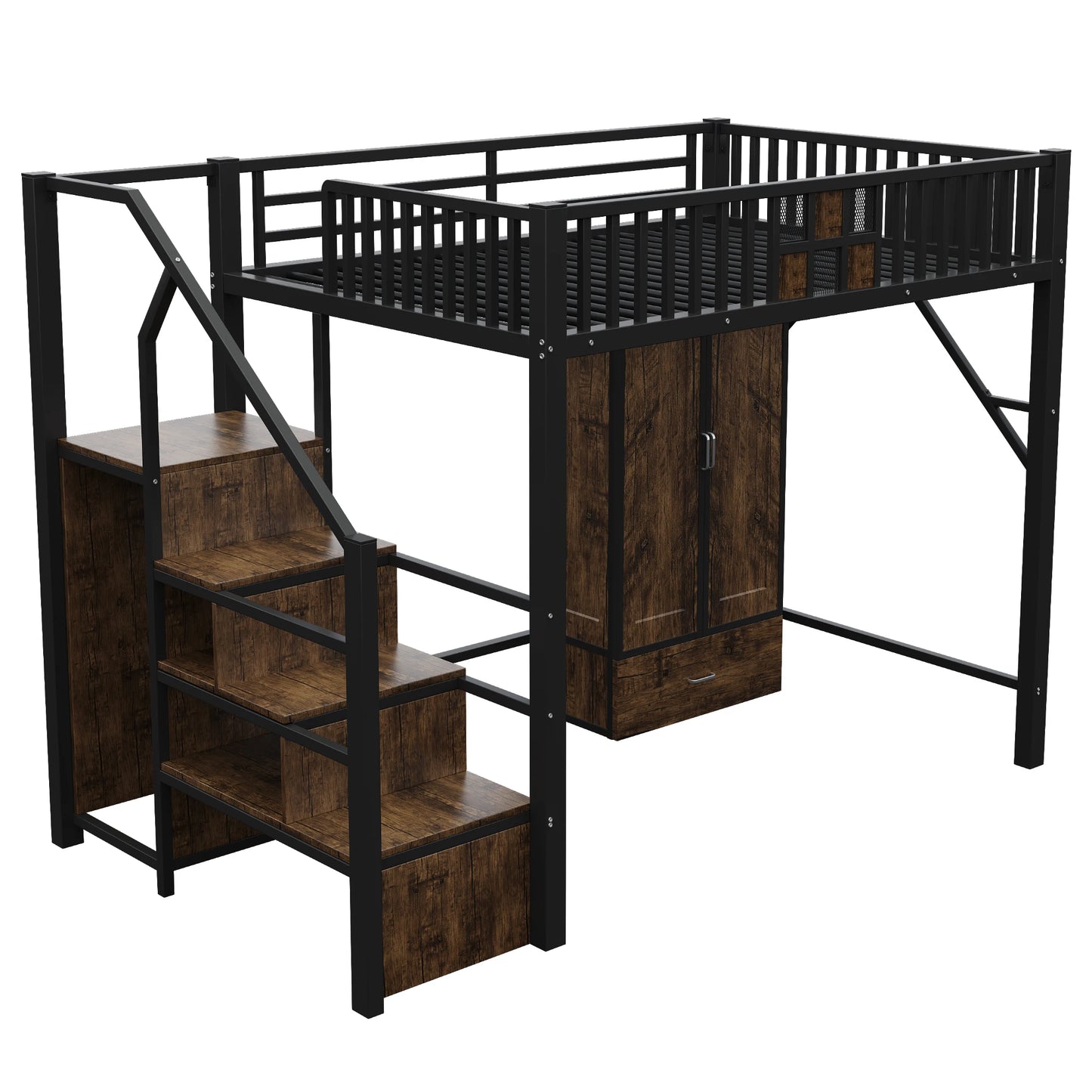 Tweepersoonsbed – Bedbank – Opbergbed – Slaapbed – Ledikant – Ruimtebesparend met Lades en Kast – 90x200 & 140x200 cm – Wit en Naturel – Inclusief Trapje en Deurframe – Zonder Matras