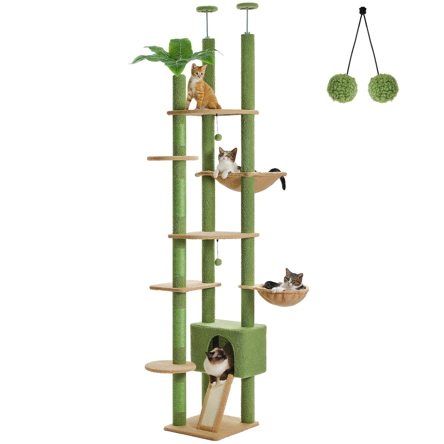 Kattenboom - Kitten Krabpaal - Katten Klimmuur - Sisal Krabpalen - Verstelbare Hoogte 230-255cm - Meerdere Verdiepingen - Cactus Floor to Ceiling - Arbre a Chat - Hangmatten - Groen