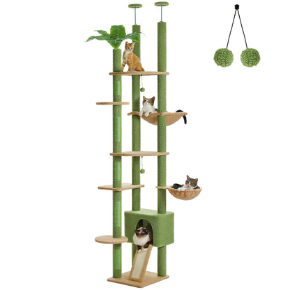 Kattenboom - Kitten Krabpaal - Katten Klimmuur - Sisal Krabpalen - Verstelbare Hoogte 230-255cm - Meerdere Verdiepingen - Cactus Floor to Ceiling - Arbre a Chat - Hangmatten - Groen