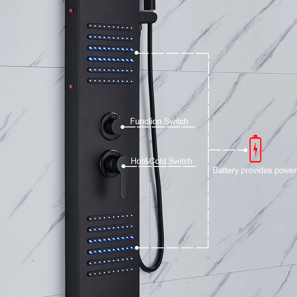 Douche - Regendouche - Douchewand - Douchekolom - Douchepanelen - Mat Zwarte LED Douchezuil - Waterval & Regendouche - Massagejets - Dubbele Bediening - Zwart - QUORE