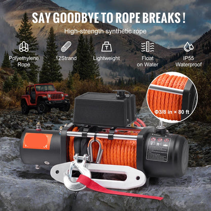 Elektrische Lier - Takel - Winch - Touwtakel - Hoge Trekkracht – Synthetisch Touw – Draadloze & Bedrade Bediening – Waterdicht – Afstandbediening - Geschikt voor Off-Road, SUV & Towing - Zwart - QUORE