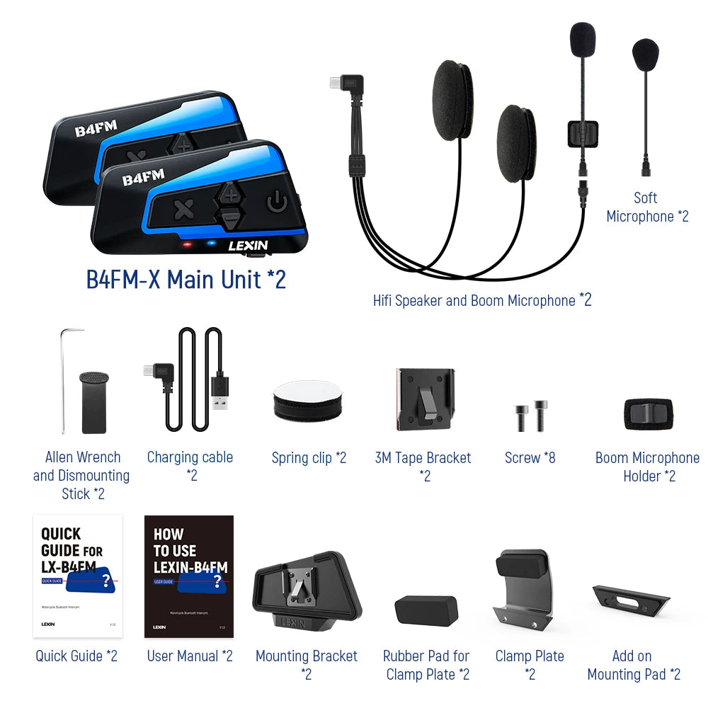 Lexin - B4FM-X -  Motorfiets Intercom - Motorhelm - Bluetooth 5.0 - Headsets - Handsfree - Communicator - Interphone - Voor 10 ruiters - 2 stuks - 2000M - QUORE