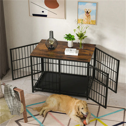 Houten Hondenbench – Hondenkooi – Hondenhok – Hondenren – Drie Deuren – Uitschuifbare Bodemtray – Meubelstijl Ontwerp - Zwart - M