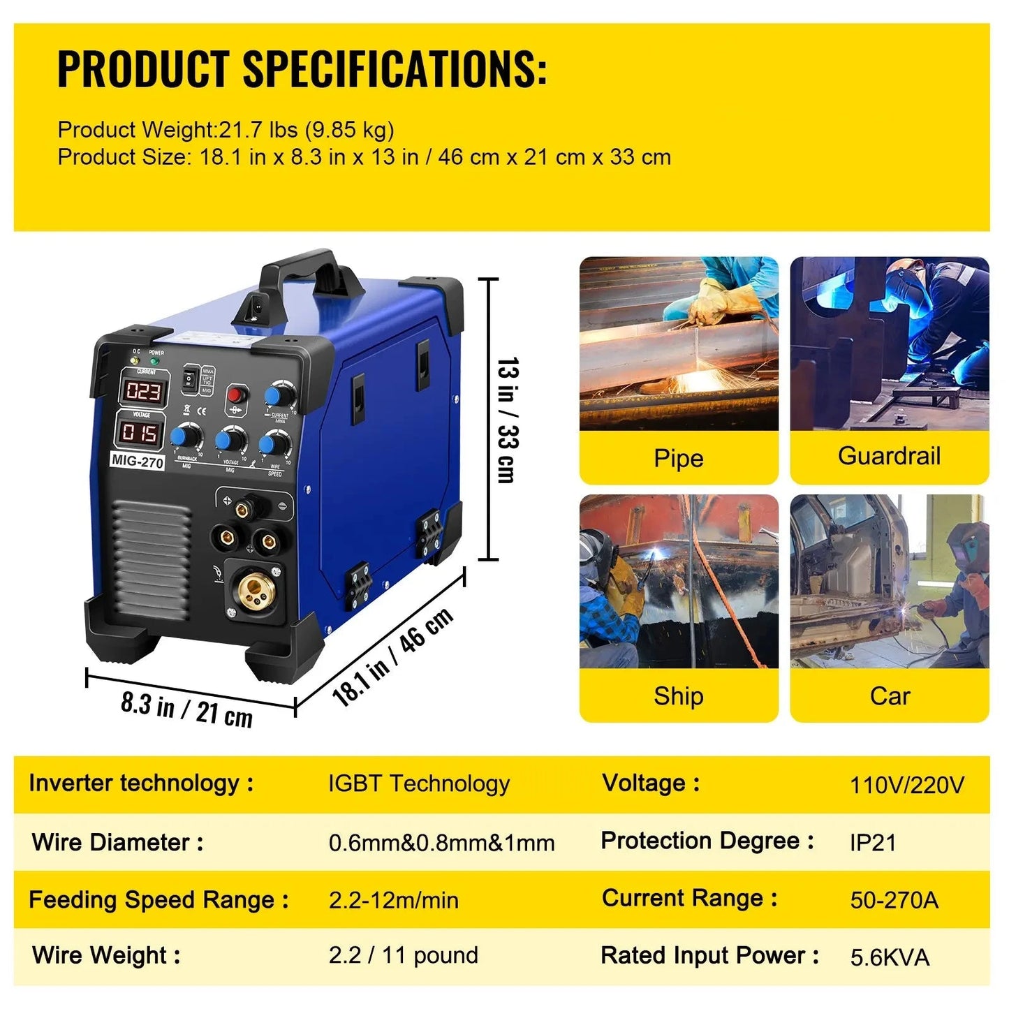 Inverter Lasapparaat - Lasmachine - Lasapparaat - 3-in-1 - 220V - MIG 270A – MMA TIG - Draagbare Laskoffer - IGBT Technologie - Staal en RVS - Fluxdraad Geschikt