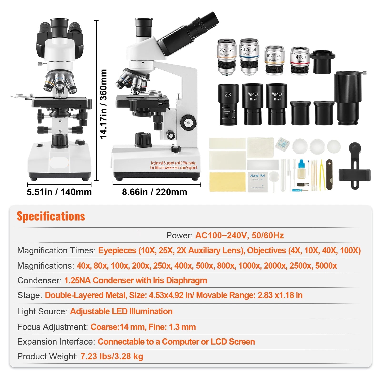 Trinoculaire Microscoop – Biologisch Microscoop – Laboratorium Microscoop – Onderzoeks Microscoop – Vergroting 40x Tot 5000x – Verstelbare LED-Verlichting – Preciese Scherpstelling - QUORE