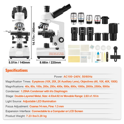 Trinoculaire Microscoop – Biologisch Microscoop – Laboratorium Microscoop – Onderzoeks Microscoop – Vergroting 40x Tot 5000x – Verstelbare LED-Verlichting – Preciese Scherpstelling - QUORE