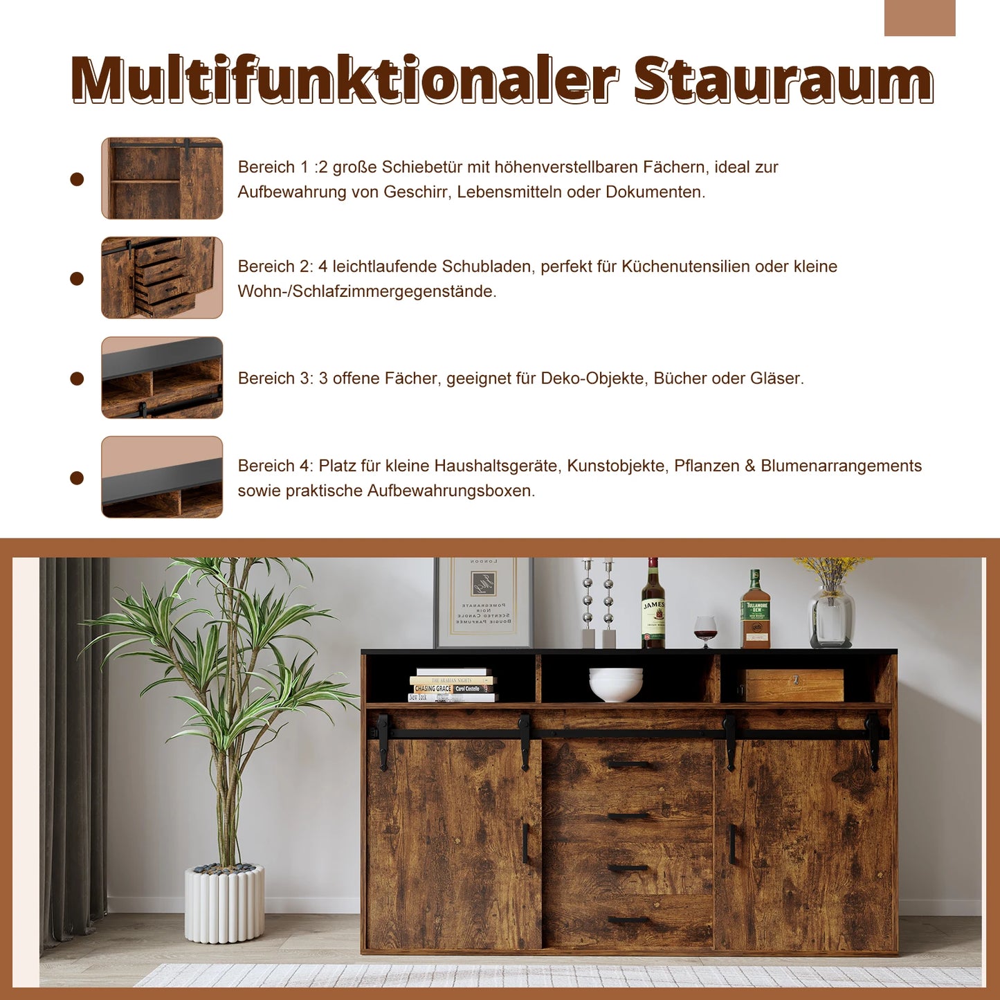 Dressoir – Dressoirkast – Sideboard – Opbergkast – Wit – 140 cm – Schuifdeuren – 4 Laden