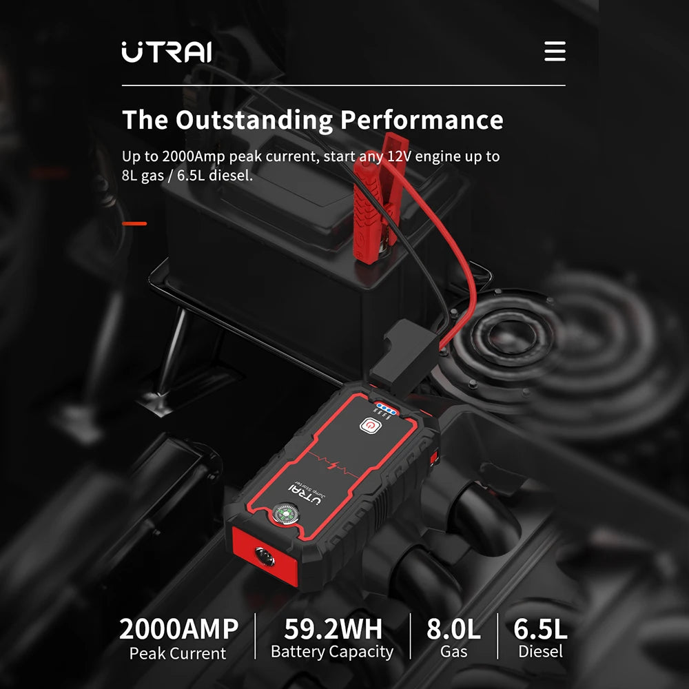 Utrai - JS One - Jumpstarter voor Auto - Startkabels - Starthulp - 12V - 2000A - Jumpstarters - Powerbank - verlichting - SOS - Stroboscoop - Waarschuwing - Zwart - QUORE