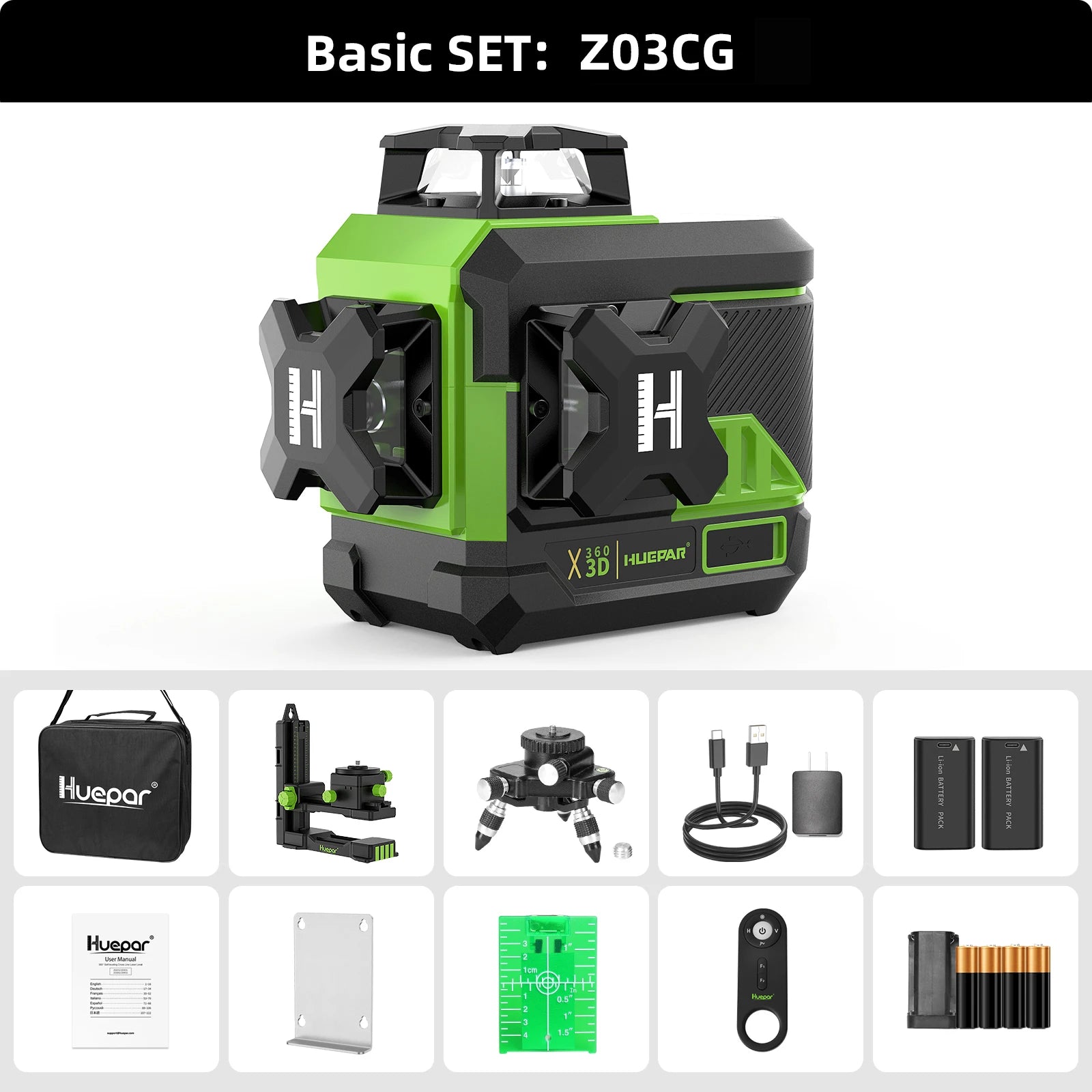 Huepar Z03CG 12 Lines Laser Level Green Cross Line Self-leveling 2pcs Li-ion Batteries With Bluetooth&Remote Control Laser Tools - QUORE
