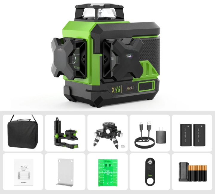 3D Kruislijnlaser – Laserwaterpas – Bouwlaser – Zelfnivellerende Laser – Groene Laserlijnen – IP54 Waterbestendig – Bluetooth Afstandsbediening - Basisset