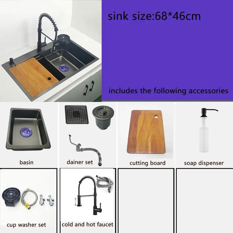 Nano Kitchen Sink Matte Black Above Mount Washing Basin with chopping board 304 Stainless Steel Single black kitchen sink