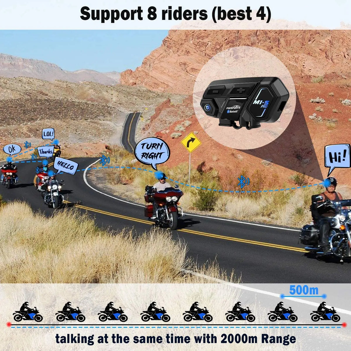 Fodsports - M1-S Pro - Motorfiets Intercom - Motorhelm - Bluetooth 5.0- Headsets - Communicator - Handsfree - Interphone - 2000M Koppelbaar tot 8 Rijders - 2 stuks - QUORE